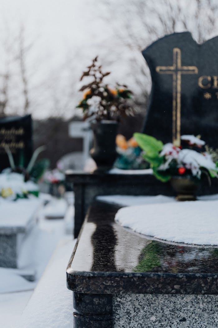 Peaceful winter scene of snow-covered cemetery tombstones with cross engravings.